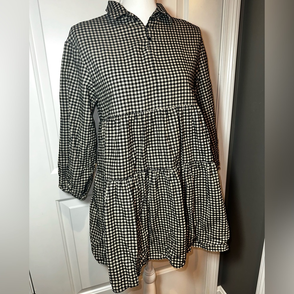 Zara Black Cream Gingham Tiered Babydoll Blouse Women’s 13/14 - Picture 2 of 10